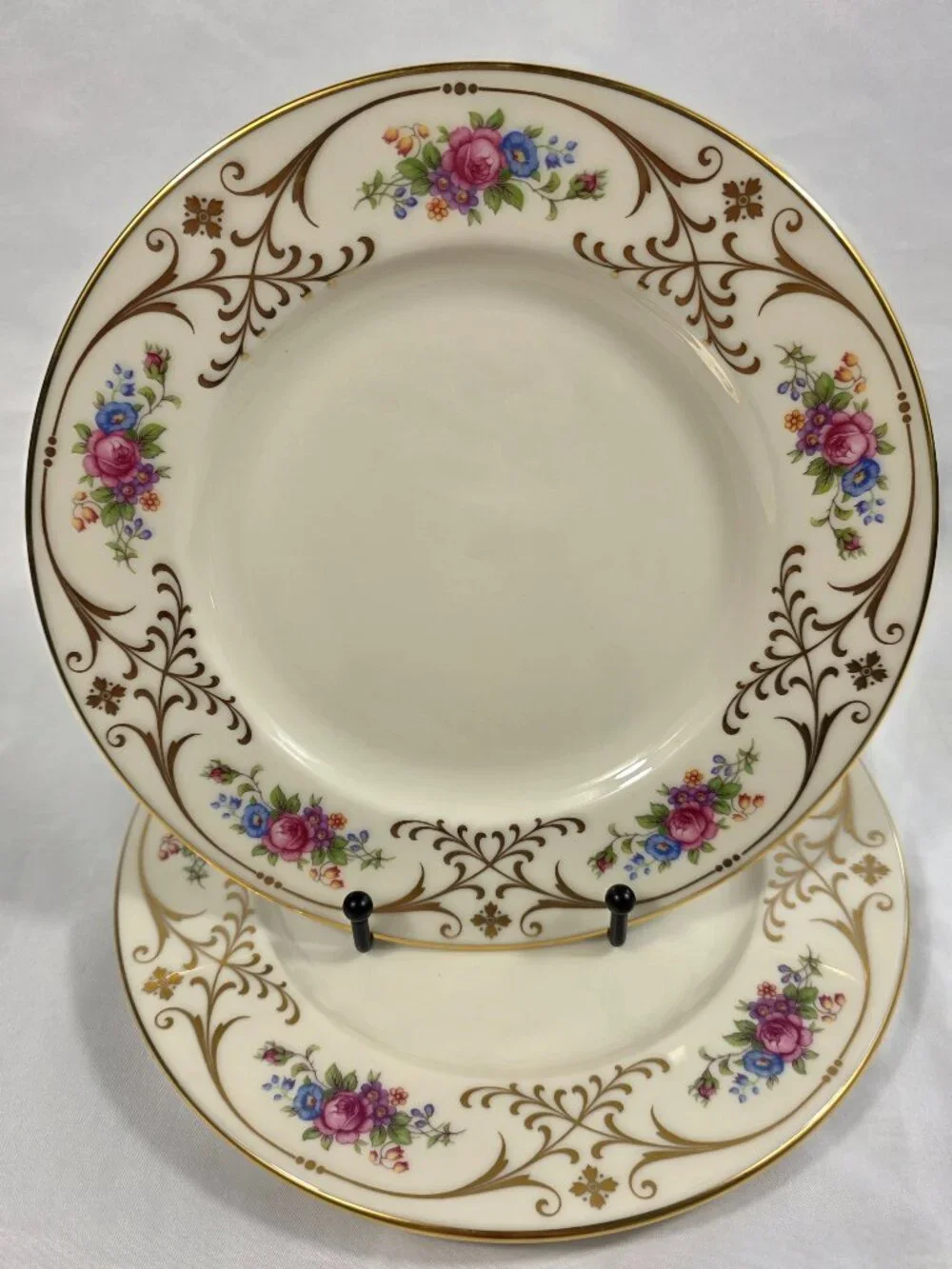 TWO Lenox Radience Luncheon Plates Ivory with Rose Bouquets, Gold Scrolls & Trim
